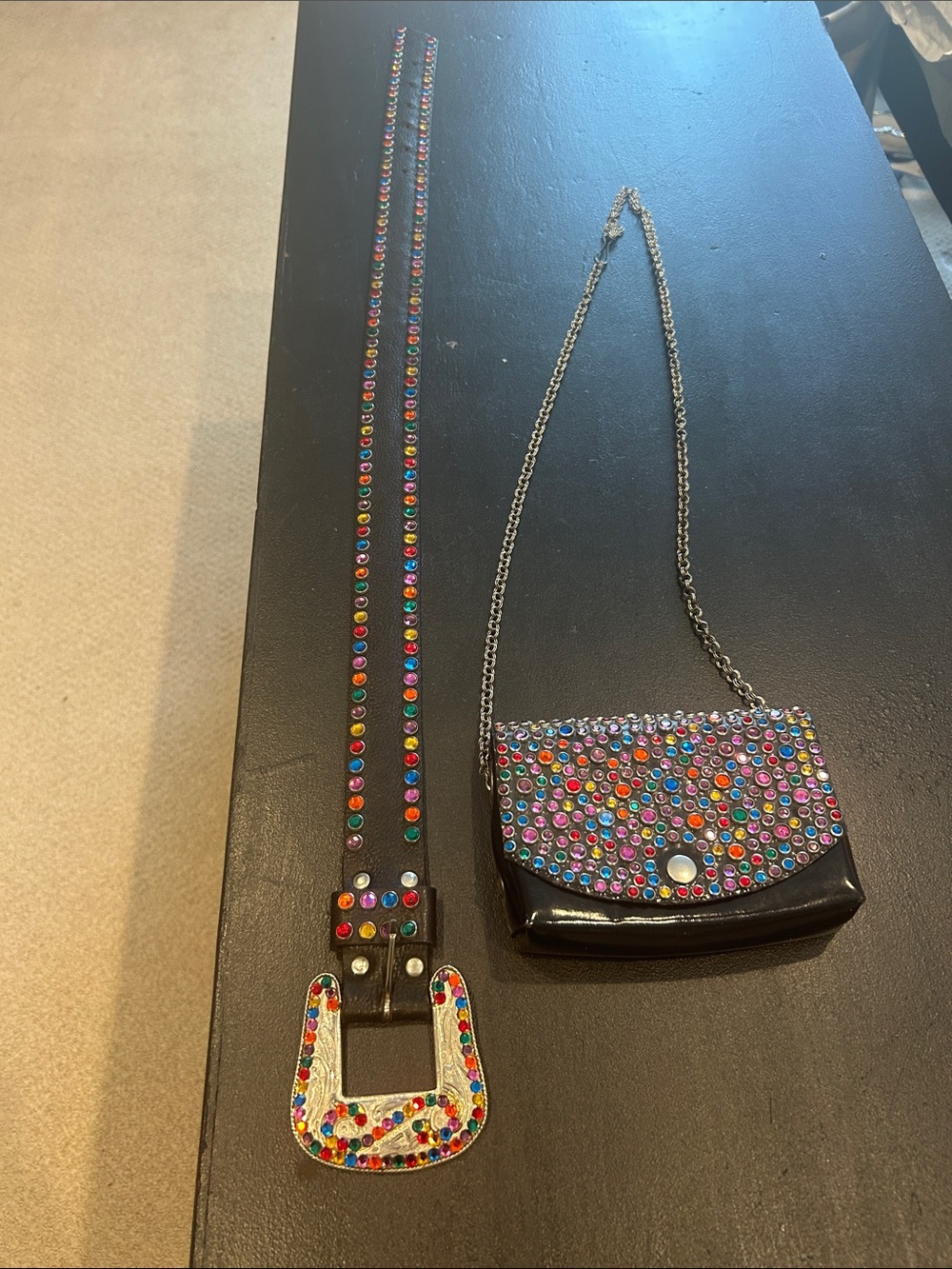 Michael Morrison Black Patent Leather Chain Shoulder Bag in matching belt 1980s